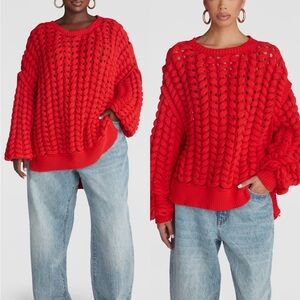 Oversized Red Chunky Open-Knit Crewneck Sweater